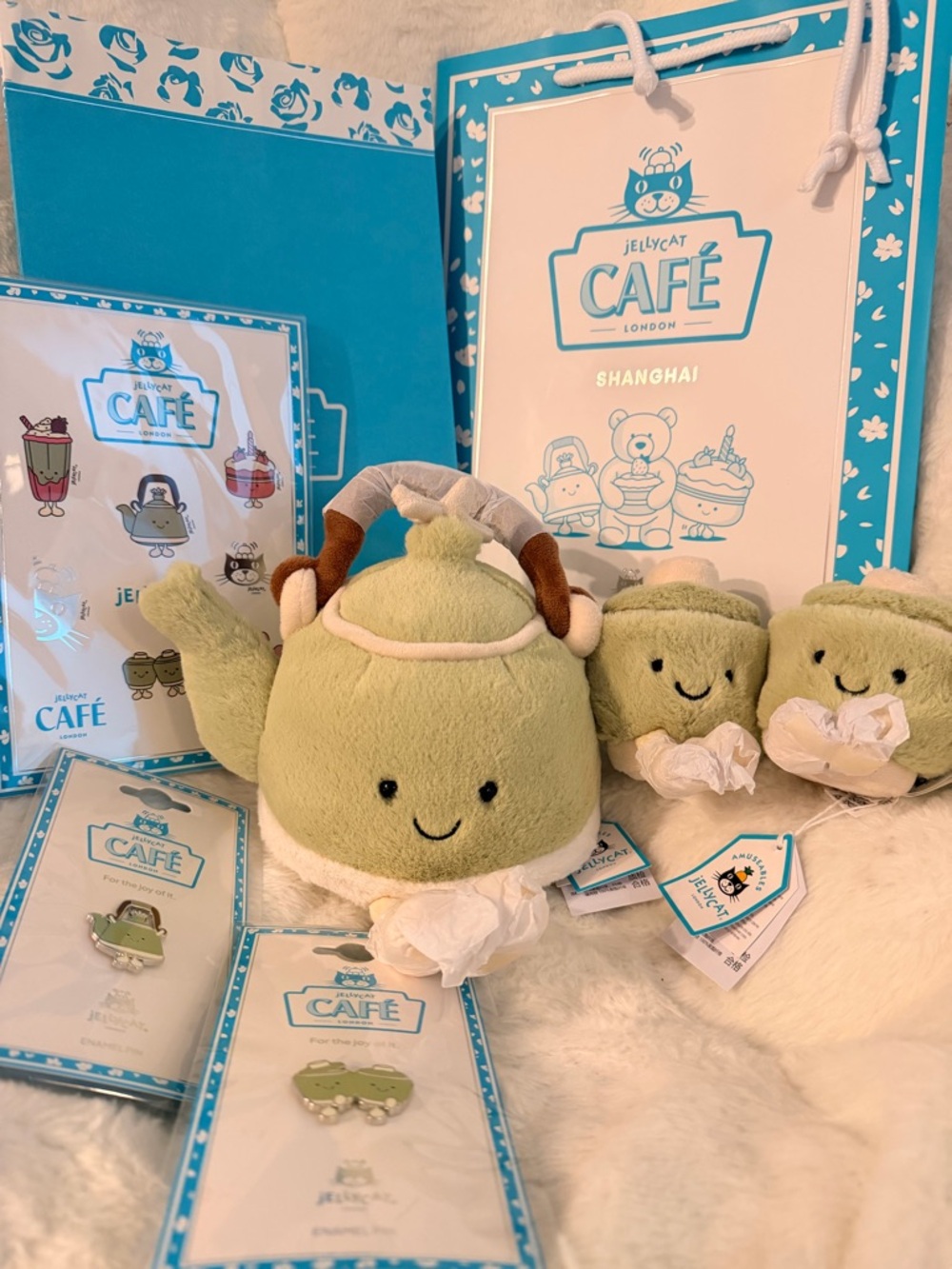 Jellycat Shanghai exclusive tea pot and tea cups with pins and stickers